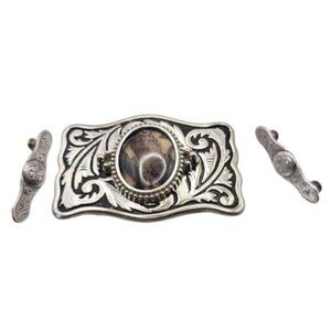 Western Belt Buckle Dendritic Agate Cabochon Silvertone Engraved Side Pieces